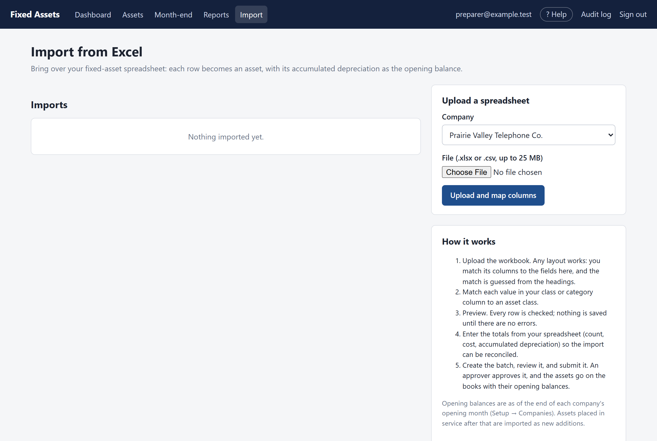 The Import page lists past imports and lets you upload a new one.