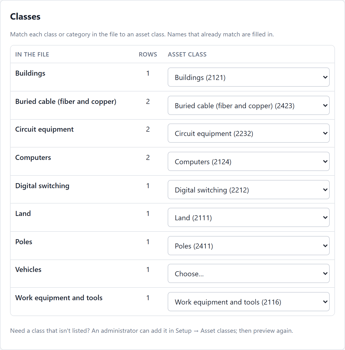 Matching your spreadsheet's categories to asset classes. Here "Vehicles" needs to be matched to Motor vehicles.